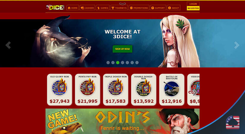 Image of 3Dice Casino's Homepage and Jackpots Available
