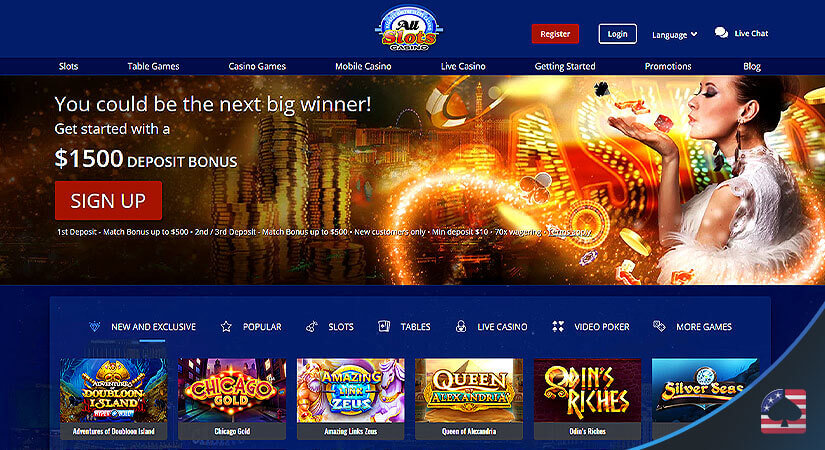Image of Welcome Bonus and Homepage of All Slots Casino