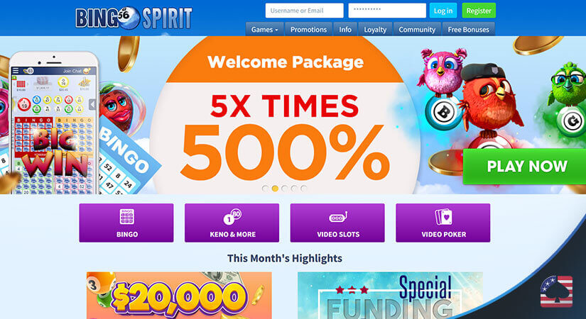 Image of Bingo Spirit's Homepage and Welcome Package