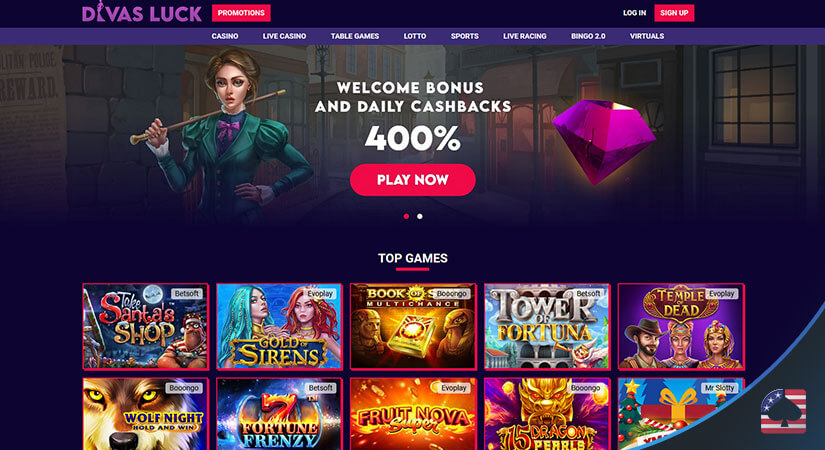 Image of Divas Luck Casino's Homepage