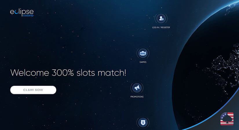 Image of Eclipse Casino's Slots Welcome Bonus and Homepage