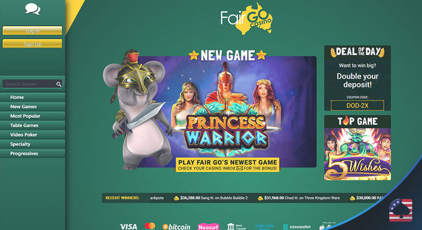 Image of welcome bonus and new games available at Fair Go Casino