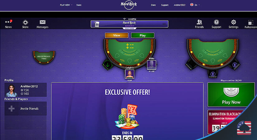 Image of HardRock Blackjack Casino's Homepage and Available Games