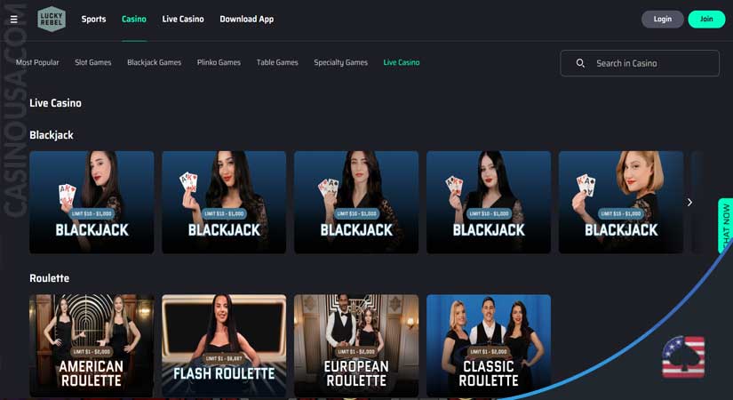 Image of Live Dealer Options featured on Lucky Rebel