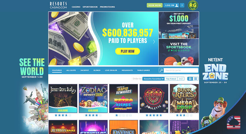 Image of Resorts Online Casino's Homepage and Welcome Bonus