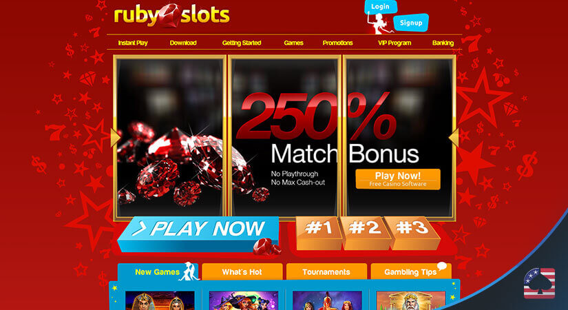 Image of Ruby Slots' Welcome Bonus and Homepage