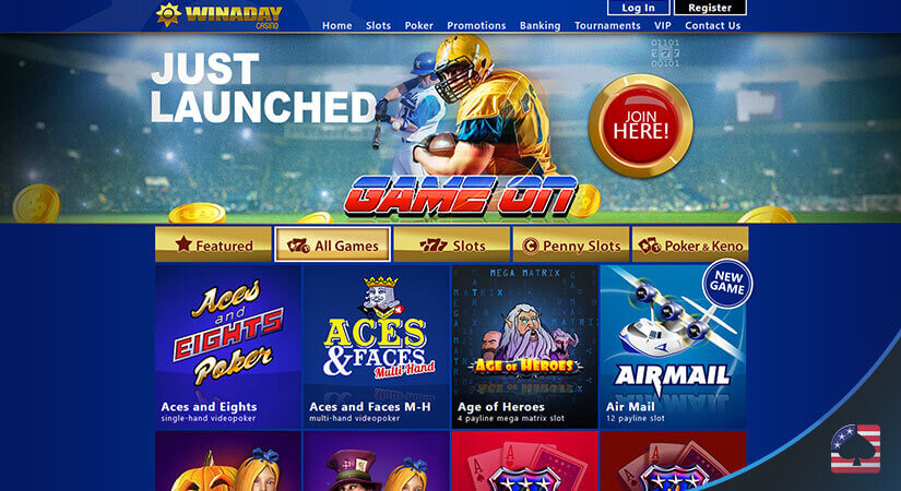 Image of Win A Day Casino's Homepage and Feautred Games
